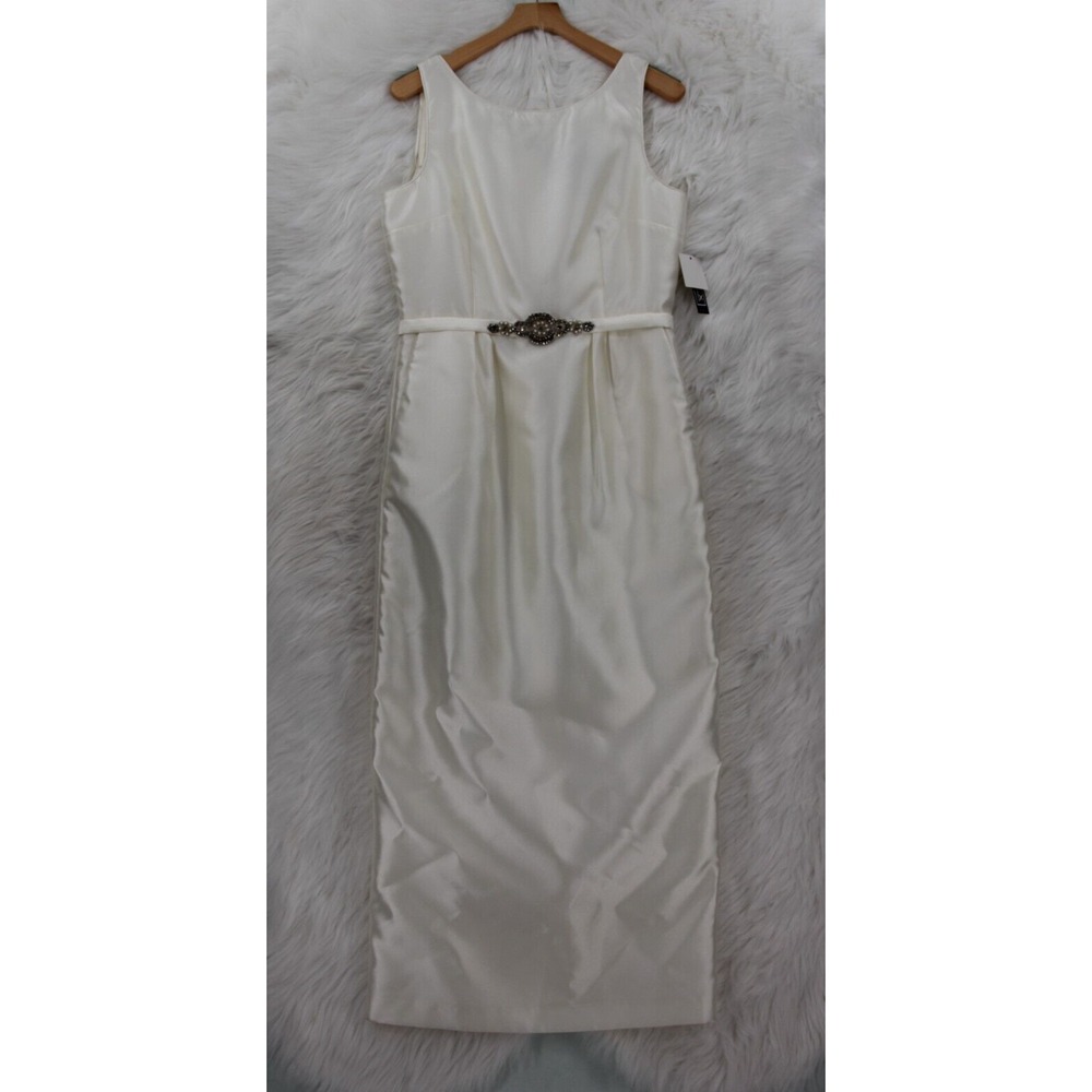 Alex Evenings Dress 14 Ivory Sleeveless Bead Sash Midi Evening Scarf Wedding NWT